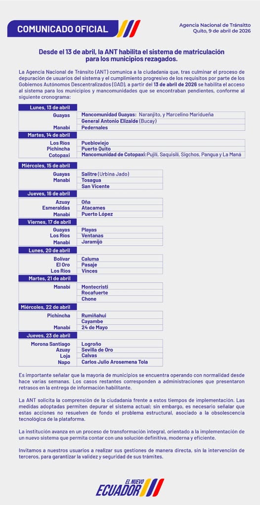 Comunicado de la Agencia Nacional de Tránsito del Ecuador dirigido a los municipios.